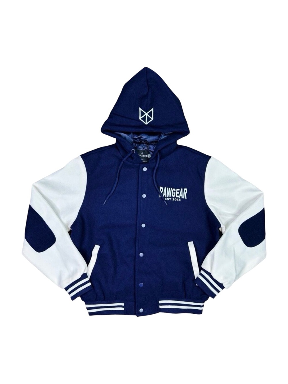 RawGear Embroidered Letterman Jacket Hoodie - Size Small - Navy / White